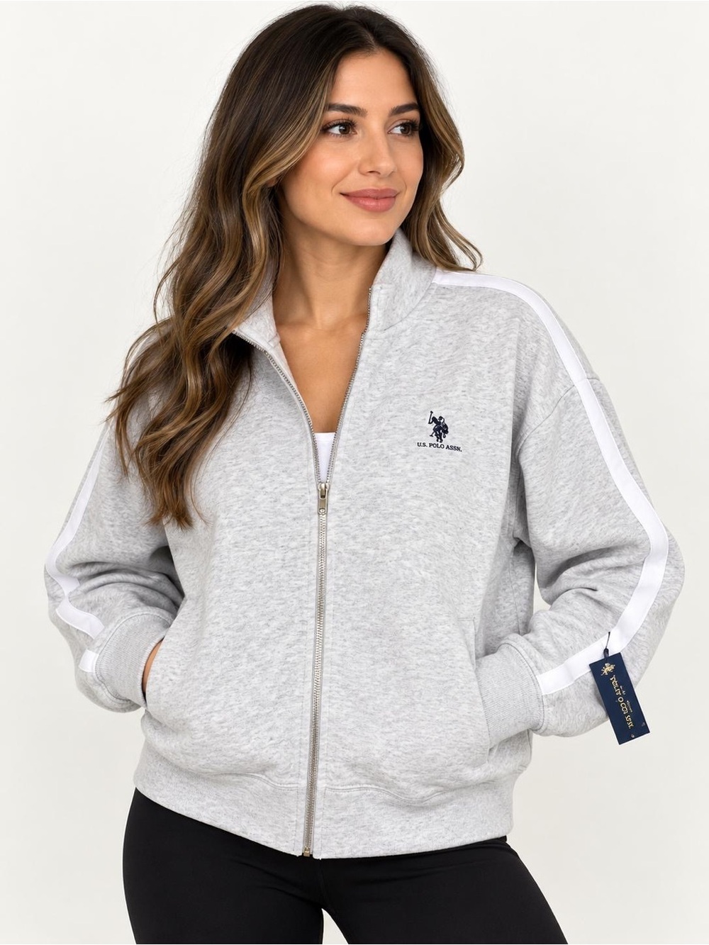 U.S. Polo Assn. Light Gray Bomber Jacket with White Sleeve Stripes